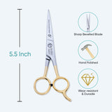 5.5 Inch Half Gold German Shiny Stainless Steel Haircut Scissor with Fine Adjustment Screw, Sharp ConveX Edge Blade