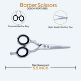 5.5 Inch Barber Shear Scissors with Flat Screw Adjuster, Rubber Silencer & Comfortable Grip Ring